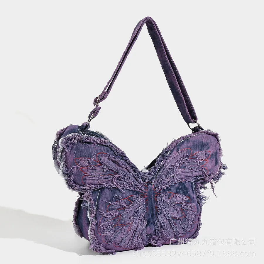 Vintage Purple Denim Bag Frayed Raw Edge Distressed Jean Shoulder Bag Y2K Aesthetic Casual Large Capacity Handbag
