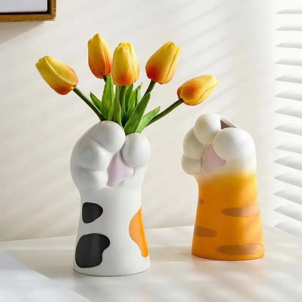 Leak-Proof Resin Crafts Cat Claw Flower Vase Painted Handmade Desktop Plants Pot Cute Cat Claw Holder Home Ornament