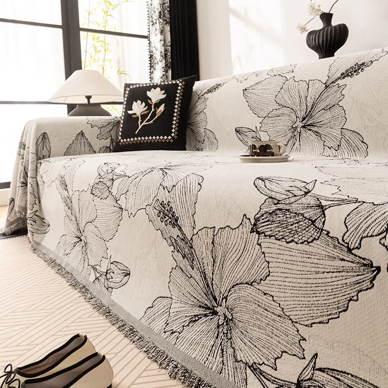 High-End Chenier Floral Sofa Towel with Tassels French Printed Sofa Blanket for Home Office Cozy Anti-Scratch Home Accessories