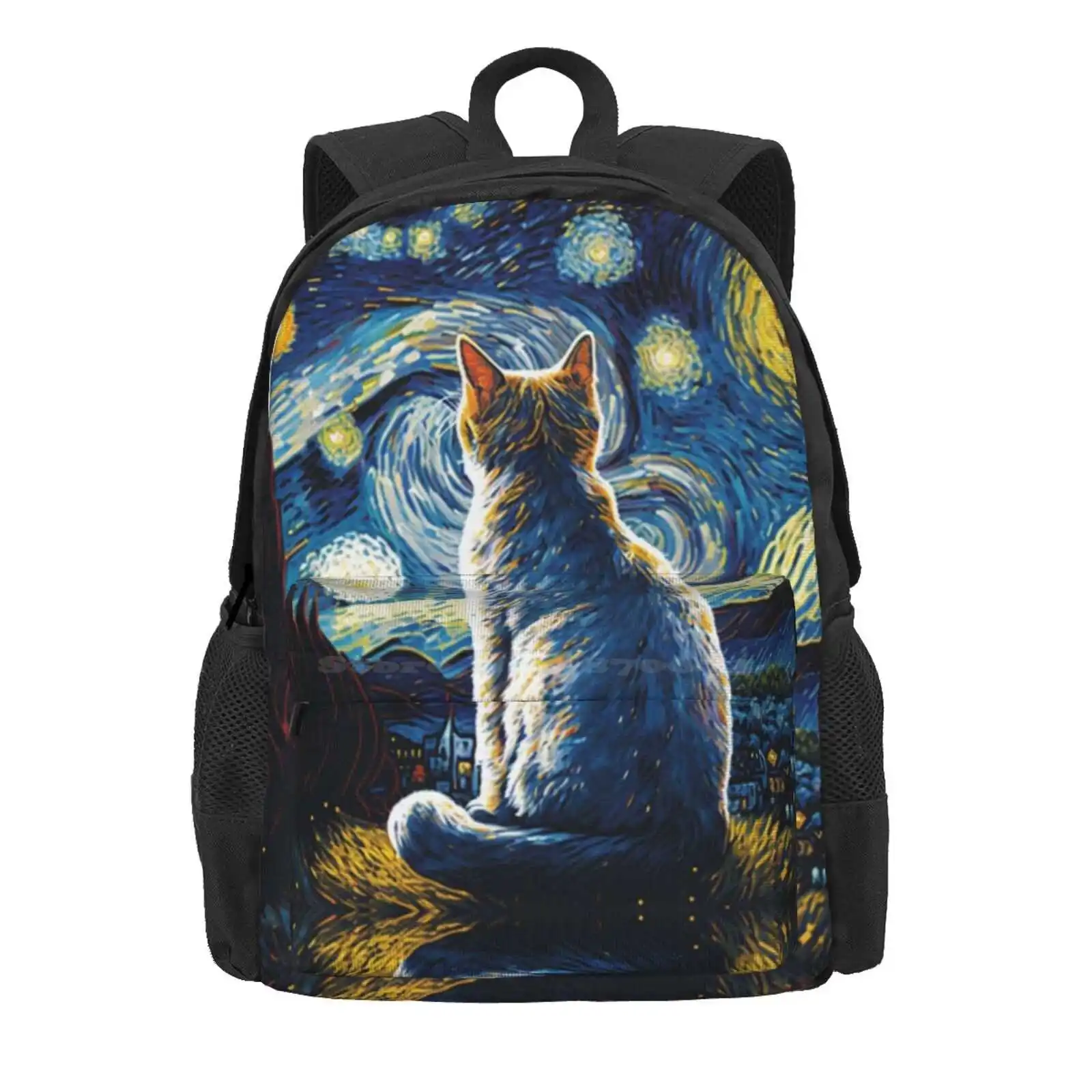 Gray Cat Starry Night Moon And Stars Van Gogh Style Hot Sale Schoolbag Backpack Fashion Bags Catsand Van Gogh Starry Night