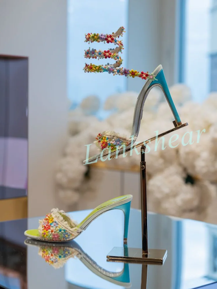 Luxury Artistic Mint Green Stiletto Sandals Handmade Colorful 3D Floral Beaded Lace Straps Spiral Wrapping Ankle Straps Women