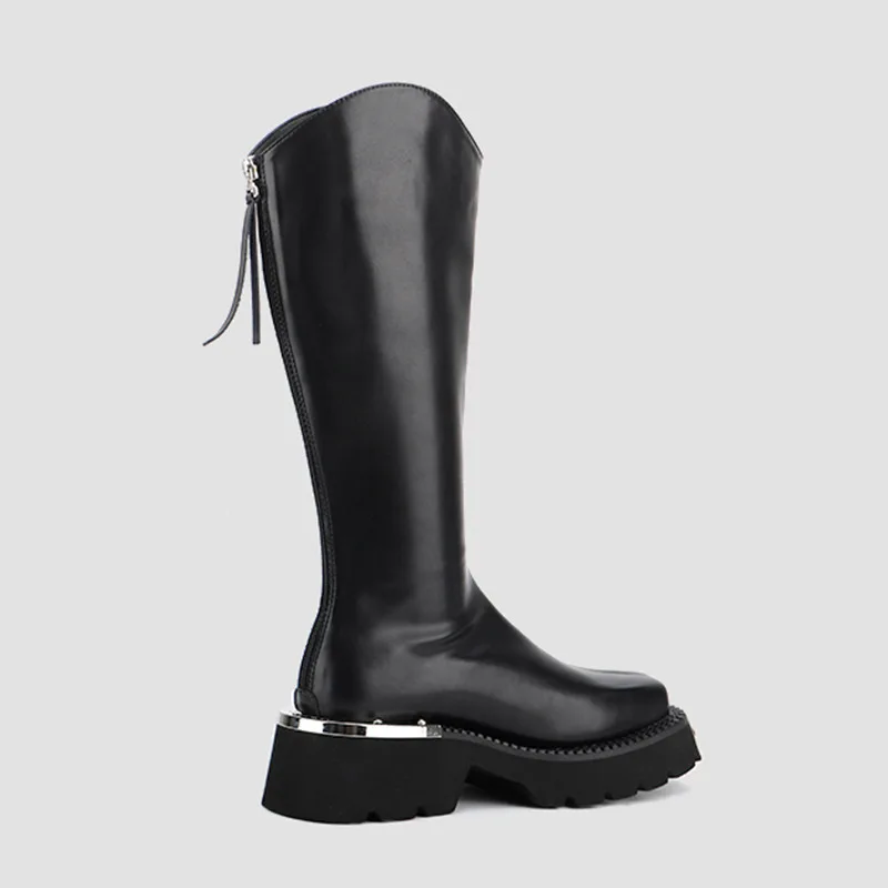 Sweet Cool V-shape Knee-High Boots Women New Style Niche Square Toe Knights Boots Motorcycle Boots Rear Zipper High Tube Boots