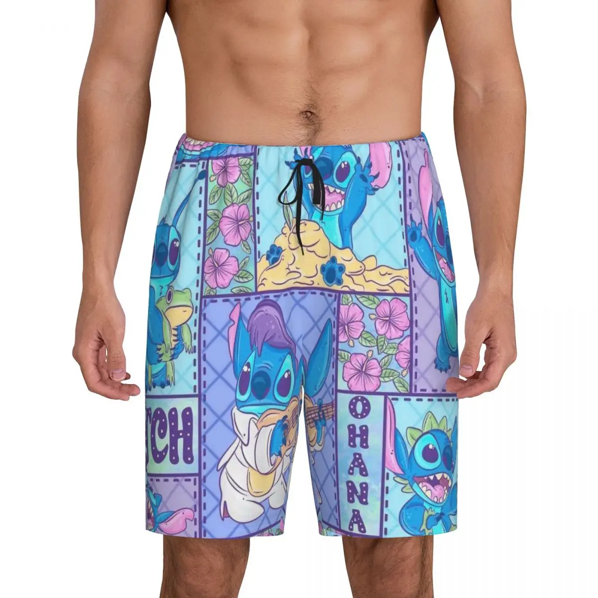 

Изготовленные на заказ пижамные шорты Ohana Stitch в гавайском стиле с цветочным принтом, мужская одежда для сна с эластичным поясом, короткие пижамы для сна с карманами