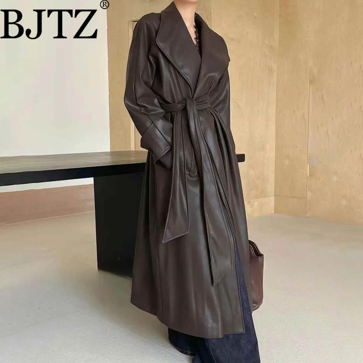 

BJTZ PU Leather Belt Tie-waist Long Trench Jacket For Woman 2025 Autumn New Loose Fit Temperament Elegant Office Lady Outwear