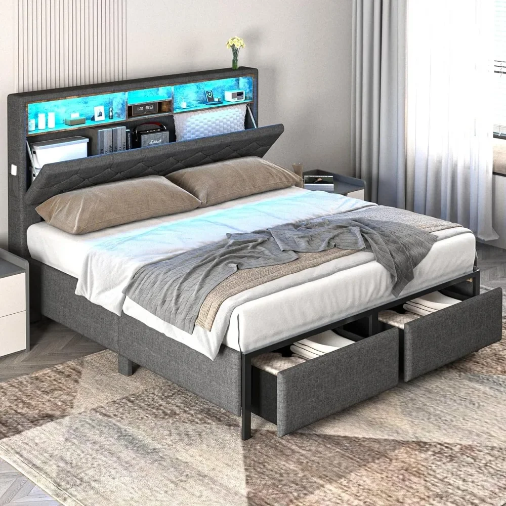 

LED Bed Frame with Headboard, Queen Platform Bed Frames with Storage Drawers and Charging Station, Queen Size Bed Frame