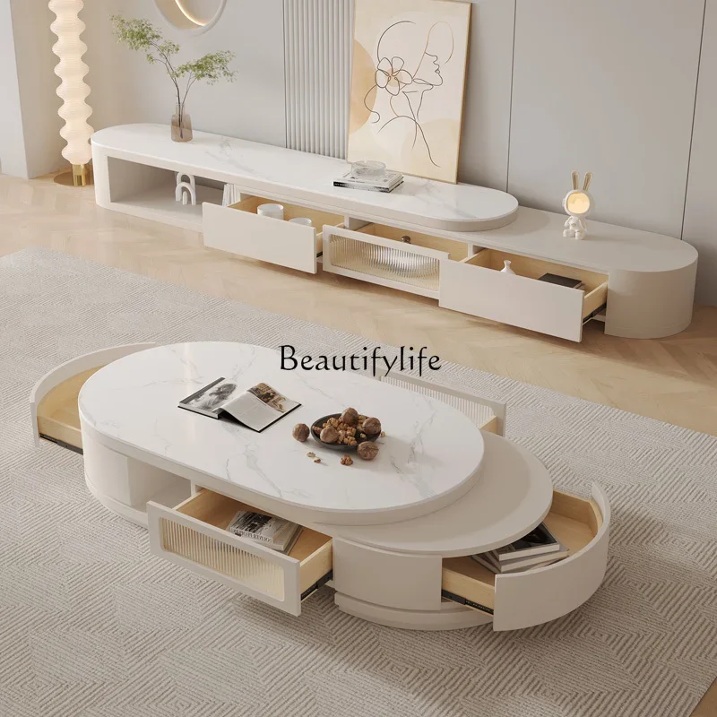 * طاولة قهوة بلاطة صخرية قابلة للسحب لغرفة المعيشة طاولة قهوة بيضاوية منزلية #4