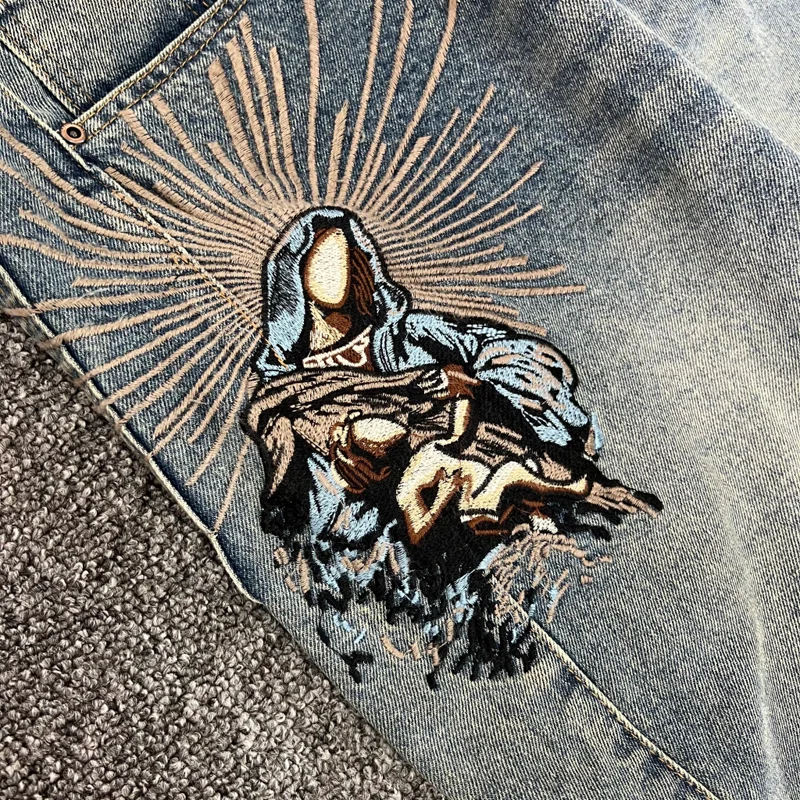صور حقيقية Derschutze Street Retro Do Old Ripped Jeans التطريز الإلهي تمثال فضفاض عادية مستقيم الساق السراويل الرجال النساء