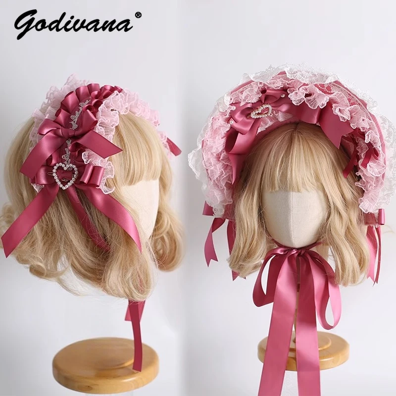 

Gorgeous Doll Lace Bow Bonnet Pink Bnt Top Hat Lace Headband Girl Women's Sweet Cosplay Headwear Lolita Headgear
