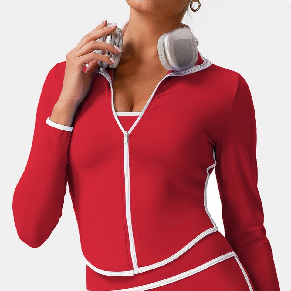 Women Full Zip Stand Collar Yoga Jacket Contrast White Trim Long Sleeve Slim Fit Sports Workout Fashion Fitness Running Top 2026