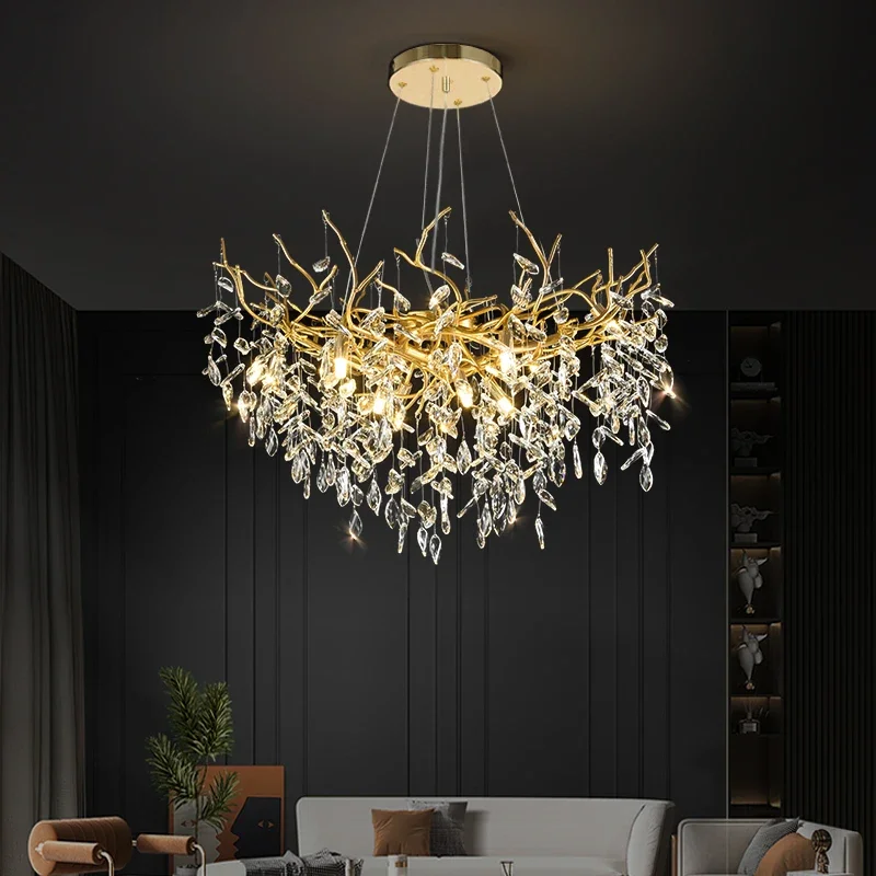 Branch-shaped American luxury gold ceiling crystal chandelier modern living room interior hall home branch chandelier