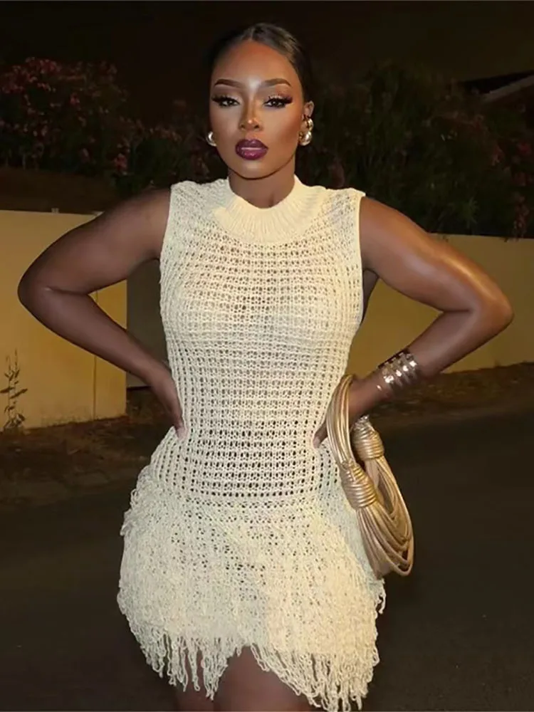 Women Apricot Tassel Knitted Mini Dress Fashion Casual Hollow Out  Sleeveless Short Dresses Summer Beach Seaside Vestidos Female