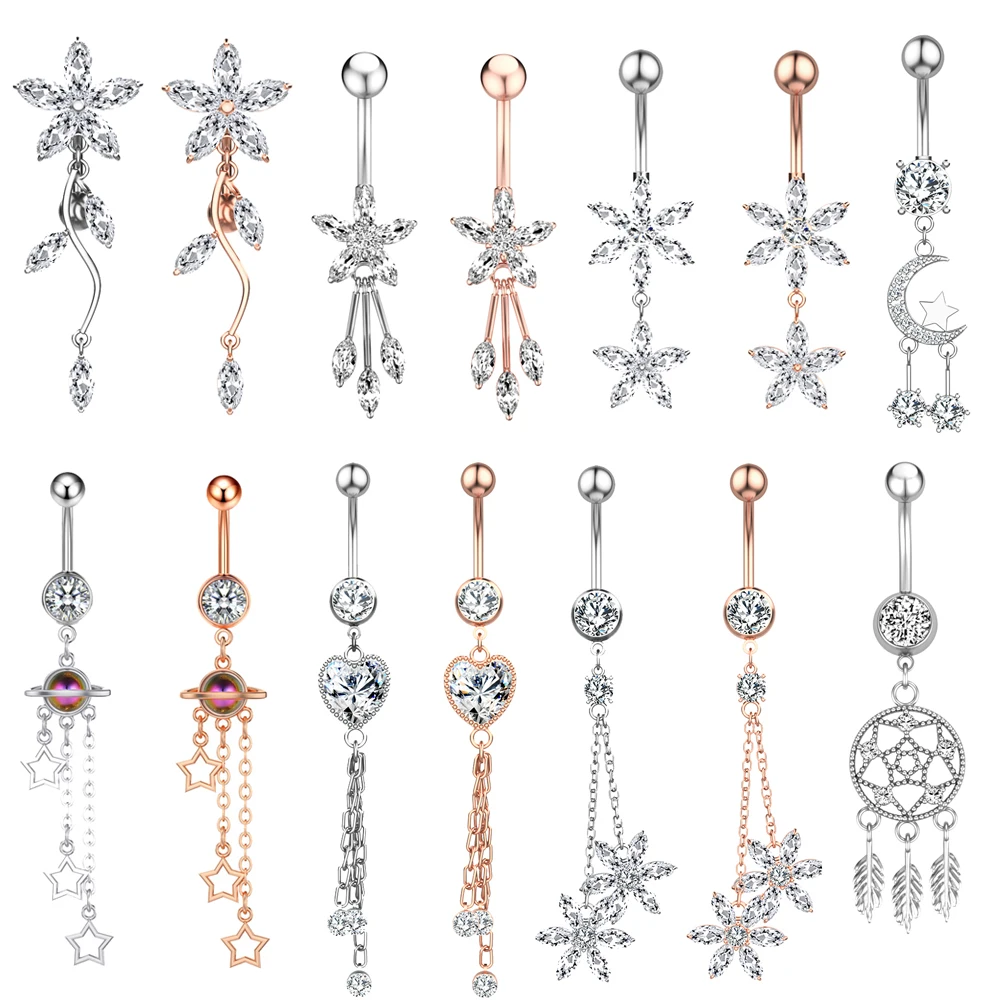 Tassel Long Dangle Belly Rings Piercing for Women Girls 14G Stainless Steel Flower Moon Hanging Navel Rings Belly Button Ring