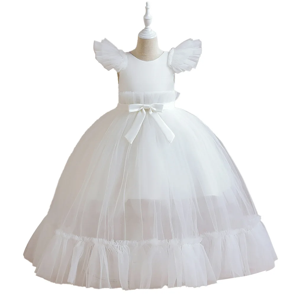 Pink Tulle Flower Girl Dress For Wedding Applique With Bow Puffy V-back Kids Birthday Princess First Communion Ball Gown