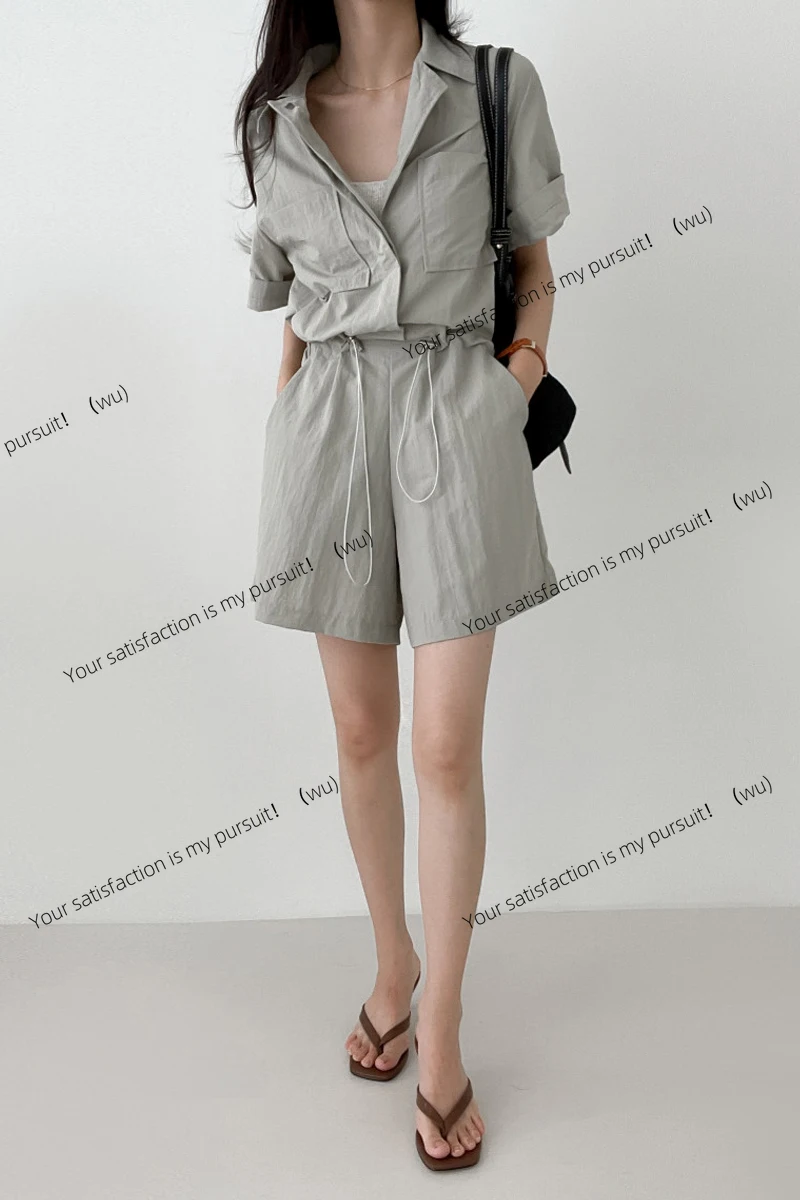 ZOCI-retro celana kasual berkerah pendek berpinggang tinggi, produk baru musim panas mode komuter versi Korea