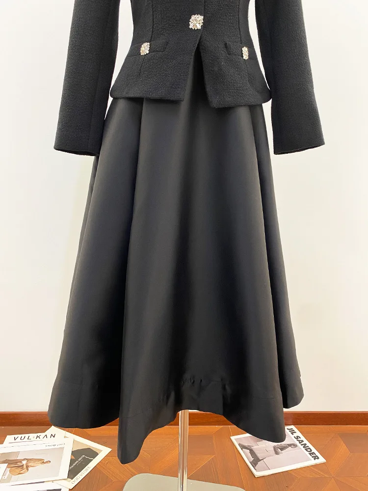 CHUJIE 2026 lente nieuwe elegante satijnen patchwork met diamanten versierde knopen, hoogwaardige lange avondjurk