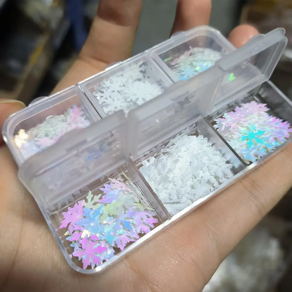 6/12 شبكات ثلاثية الأبعاد أورورا عيد الميلاد الثلج مسمار الترتر الملونة عيد الميلاد رقائق الثلج مسمار الفن الديكور الشتاء pailletes مسمار أجزاء