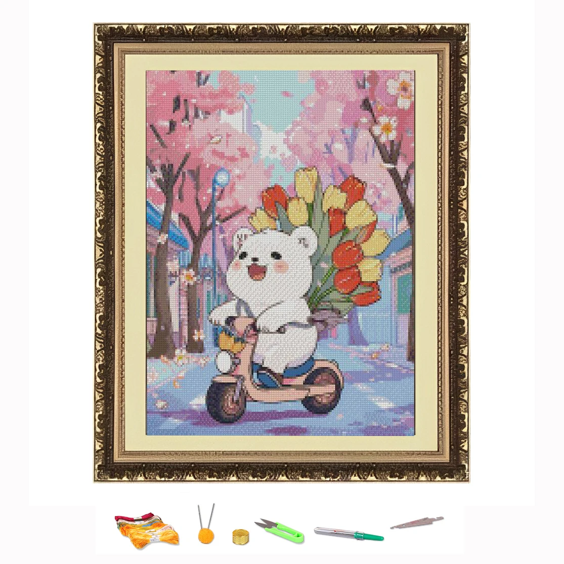 Cross Stitch Embroidery Kit White Bear Bike Ride Landscape Thread Drawing DIY Needlework Kit Quantity Printed on Canvas 11CT