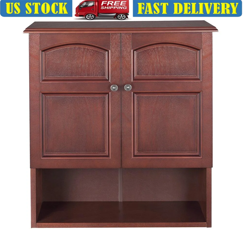 

Removable Wall Cabinet with Adjustable Shelf Mahogany Finish Antique Knobs Freestanding Storage Kitchen Bathroom Home Office
