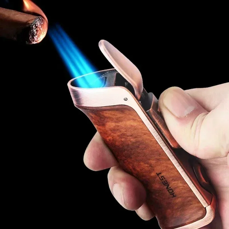 2025 Metal High-end Strong Three Fires Butane Gas Lighter Turbine High Power with Cutter Cigar Lighters Smoking Tool Wholesale