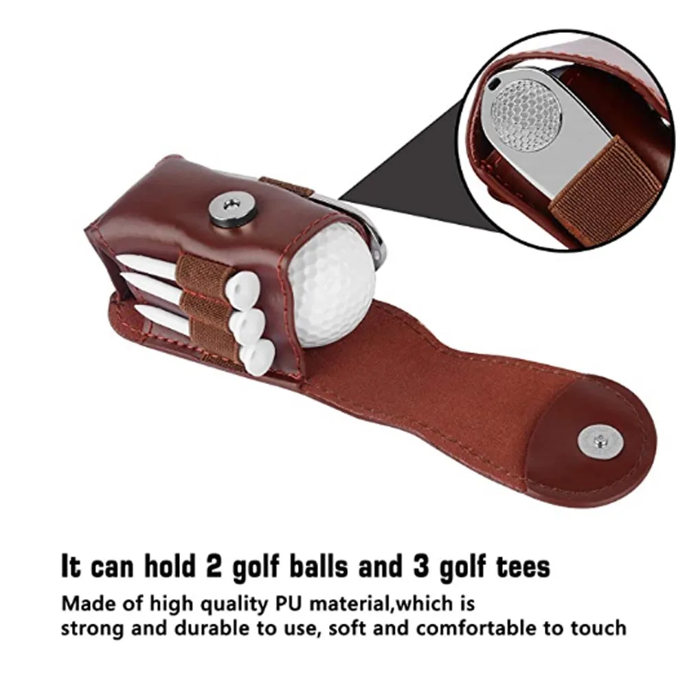 Cowhide Leather Golf Balls and Tees Holder Divot Tool Carrier Pouch Bag Storage Case with 2 Balls Gift