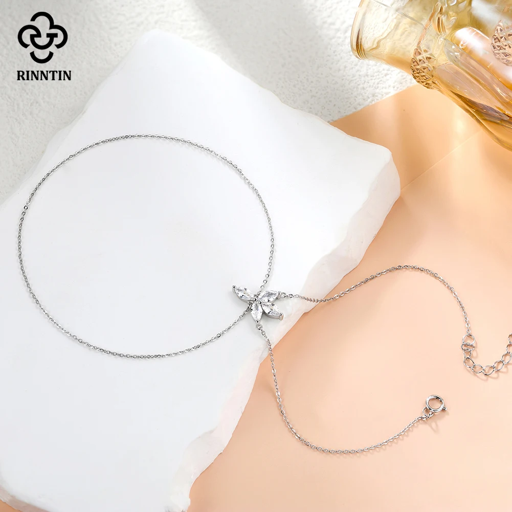 Rinntin-pulsera de circón brillante Simple, Plata de Ley 925, anillo de moda, pulsera, cadena de mano, anillo de dedo, brazalete esclavo APV01