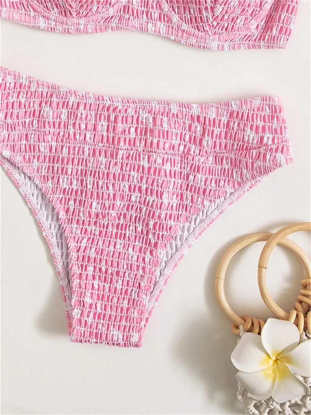 เซ็กซี่ Underwire บิกินี่สีชมพูดอกไม้ชุดว่ายน้ํา Push Up ริ้วรอยห้องพักช่วงวันหยุดชุดว่ายน้ําผู้หญิงชุดว่ายน้ําชุดชายหาด Traje De Bano Mujer