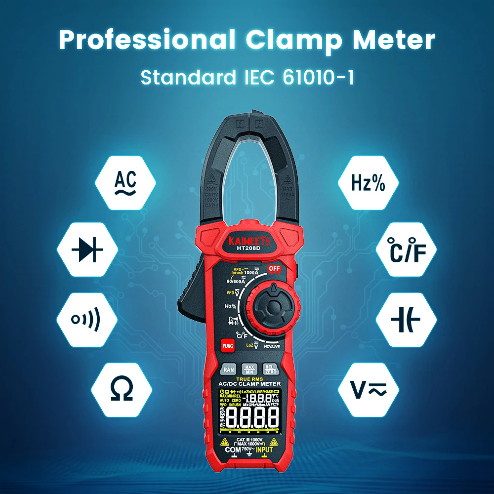 KAIWEETS HT208D Portable Handheld Digital Clamp Meter 6000 Counts AC/DC Voltage Current Capacitive Multimeter Tester