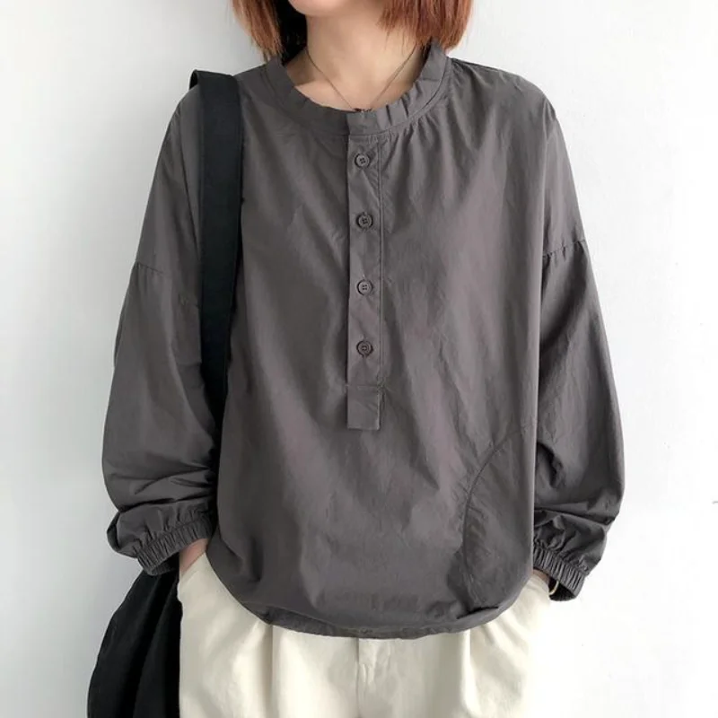 

Cotton and Linen Long-sleeved Shirt Loose and Slimming Casual Top Round Neck Fashion New Comfortable