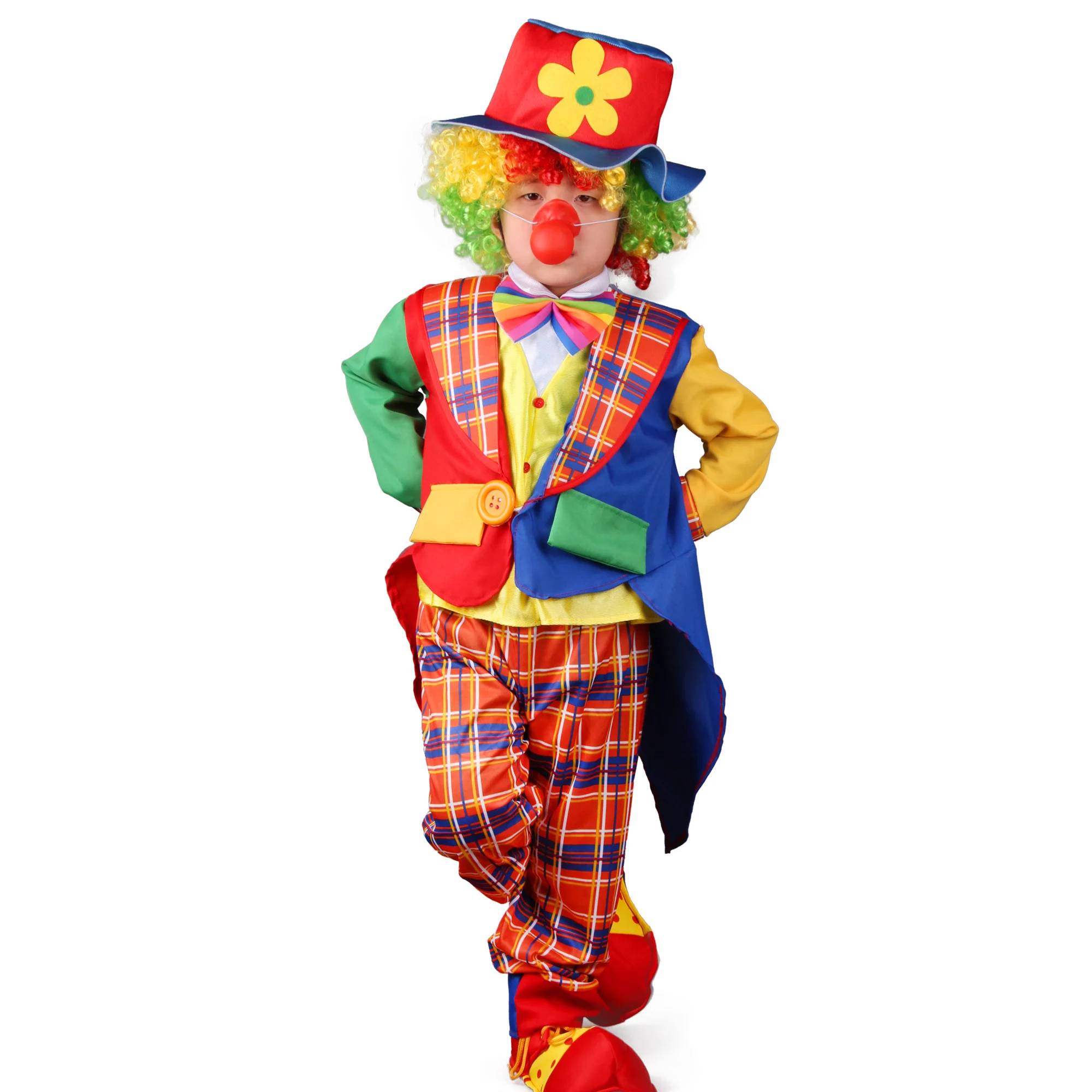 Kids Circus Clown Costume Jumpsuits Long Sleeve Jacket With Yellow Buttons on front Attached Wig Shoes Red Nose image 4