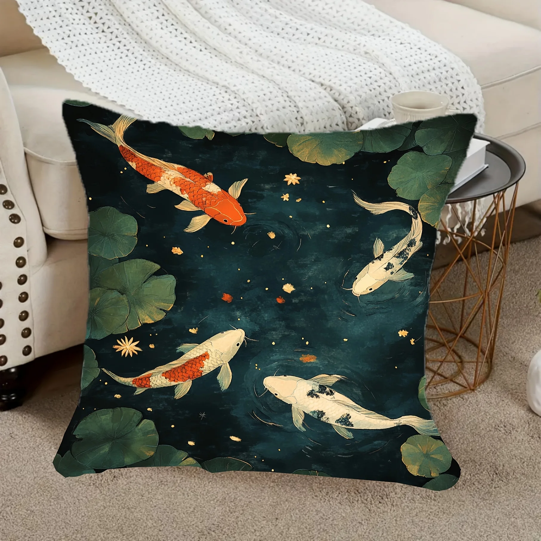 Luxurious Koi Fish Print Cushion Cover Dark Green Tropical Japanese Pond Scene Throw Pillow Case Square Decorative Home Decor Gi