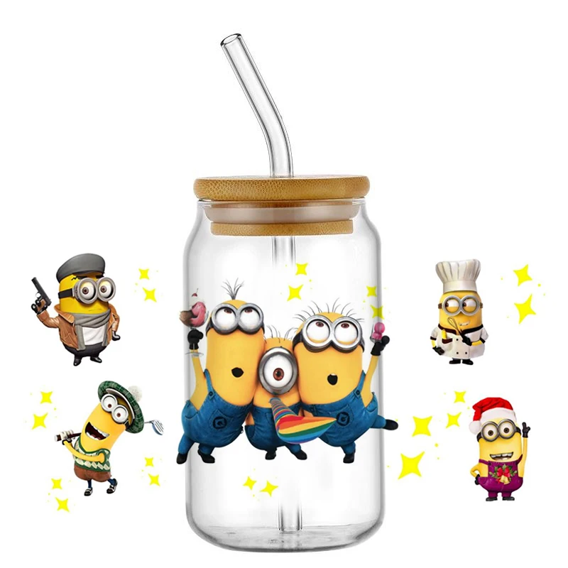 Miniso New 3D Minions Animated Cartoon Series per Libbey 16oz UV DTF Can Glass Waterproof Coffee Mug Can UVDTF Wrap all\'ingrosso