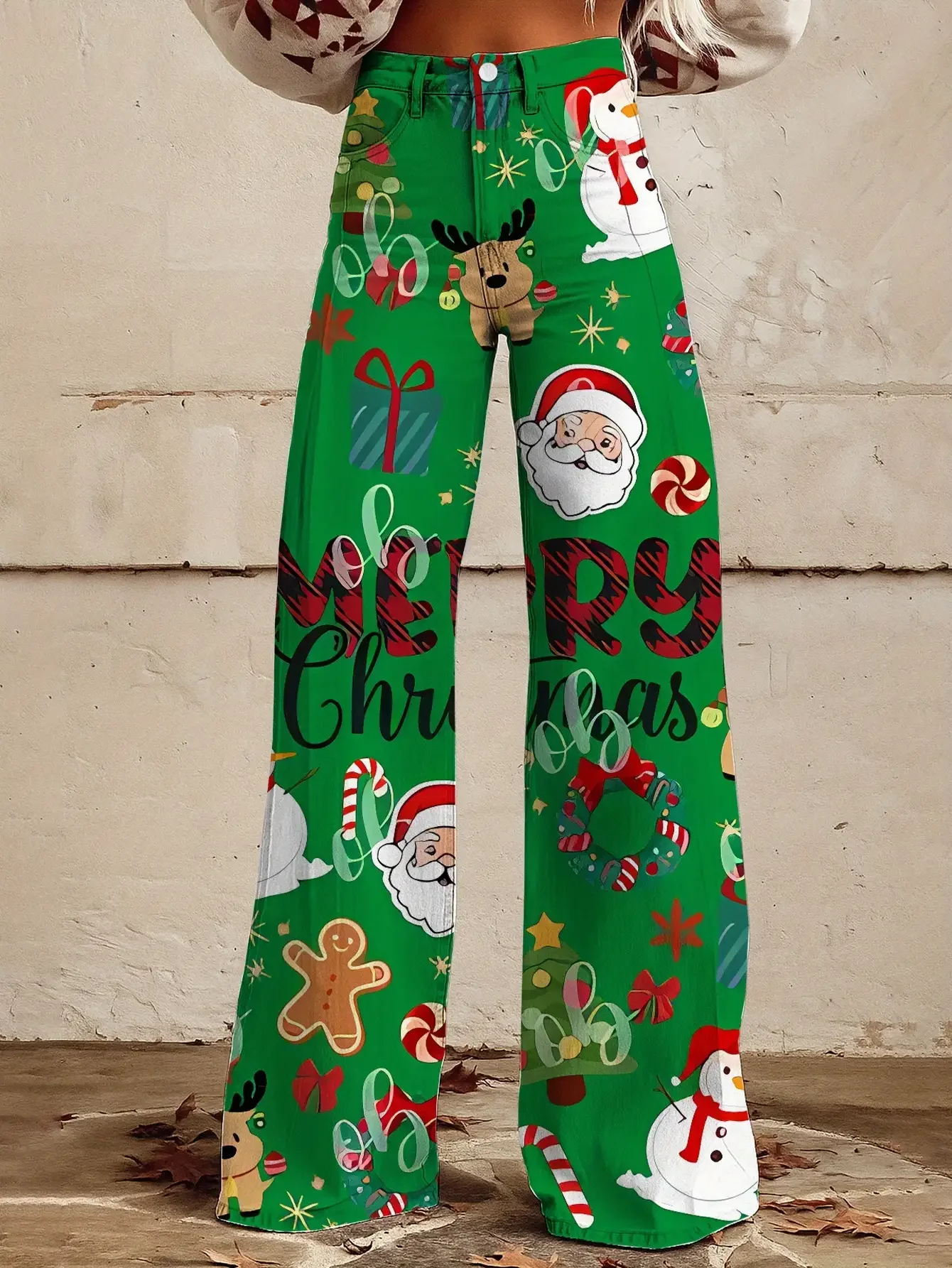 Christmas Gift Box Sweet Full Print Women's Loose Horn Imitation Jeans, with a denim craftsmanship,