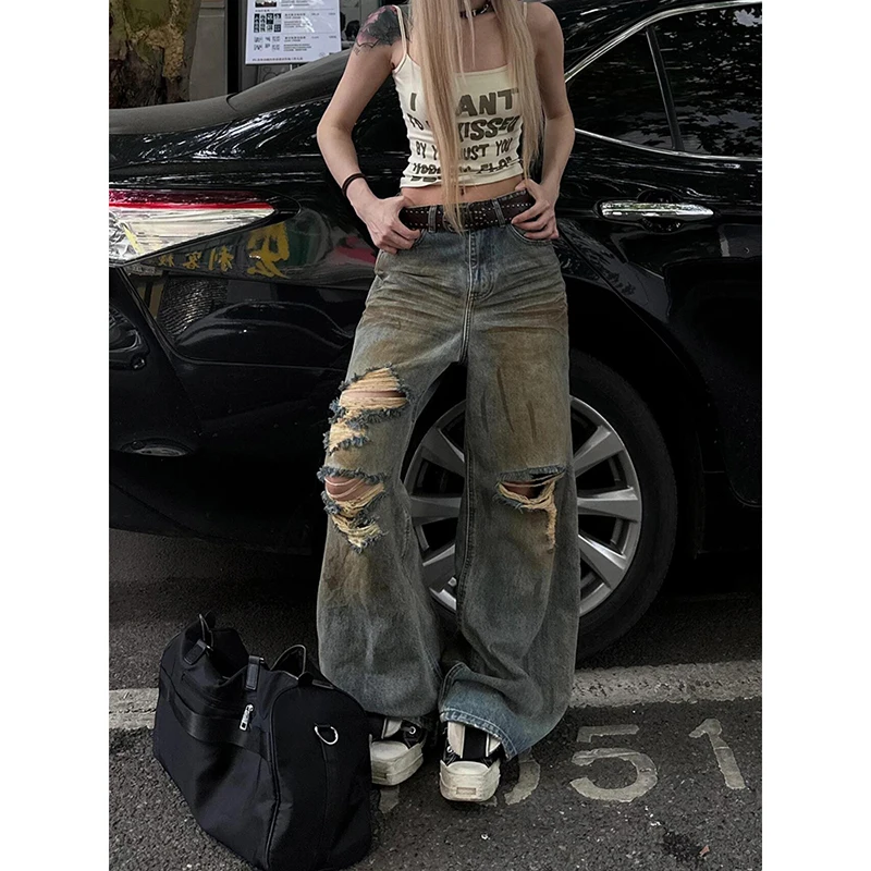 

Blue Womens Jeans High Waist Vintage Y2K 2000s Summer Denim Pants Ripped Streetwear American Wide Leg Baggy Denim Trouser