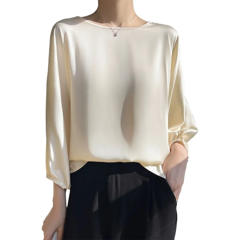 

Solid Basic Office Lady Shirt Spring Summer Women Elegant Luxury O-Neck Lantern Sleeve Acetate Satin Tops Brand Chiffon T-shirt