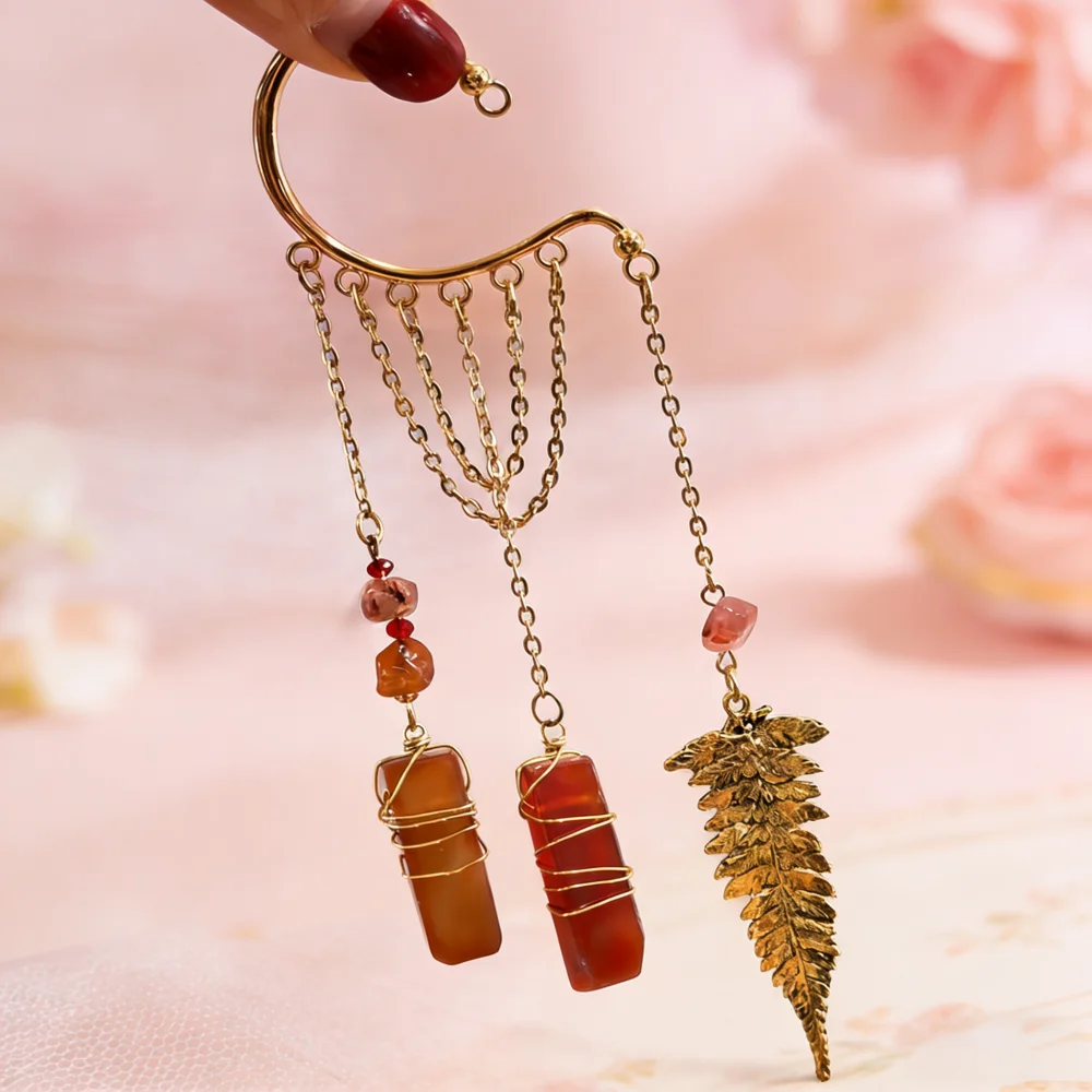 Single Ear Cuff No Piercing Needed Dangle Earring Handmade Wire Wrapped Natural Crystal Fern Leaf Charm Unique Bohemian Jewelry