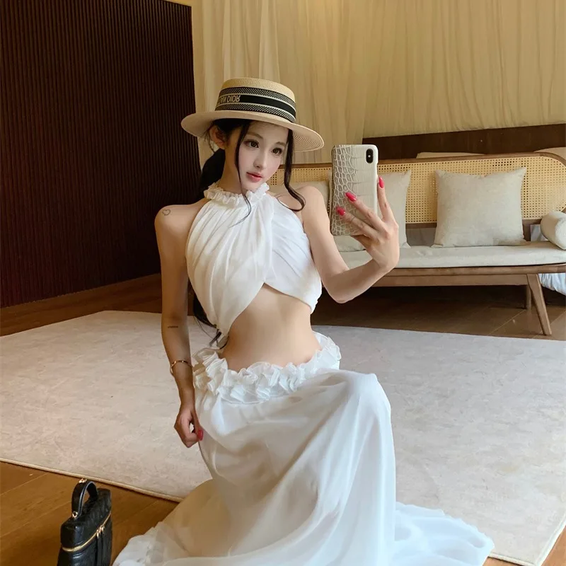 

Summer 2026 Fashionable Cross-Neck Half Skirt Set with Lace Trim Island Vacation Style Two-Piece Women's Clothing Set