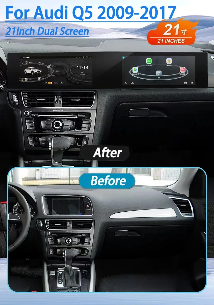 

21" QLED Dual Screen 8+256GB Android 14.0 For Audi Q5 2009-2017 Car GPS Navigation Auto Radio Stereo Multimedia CarPlay HeadUnit