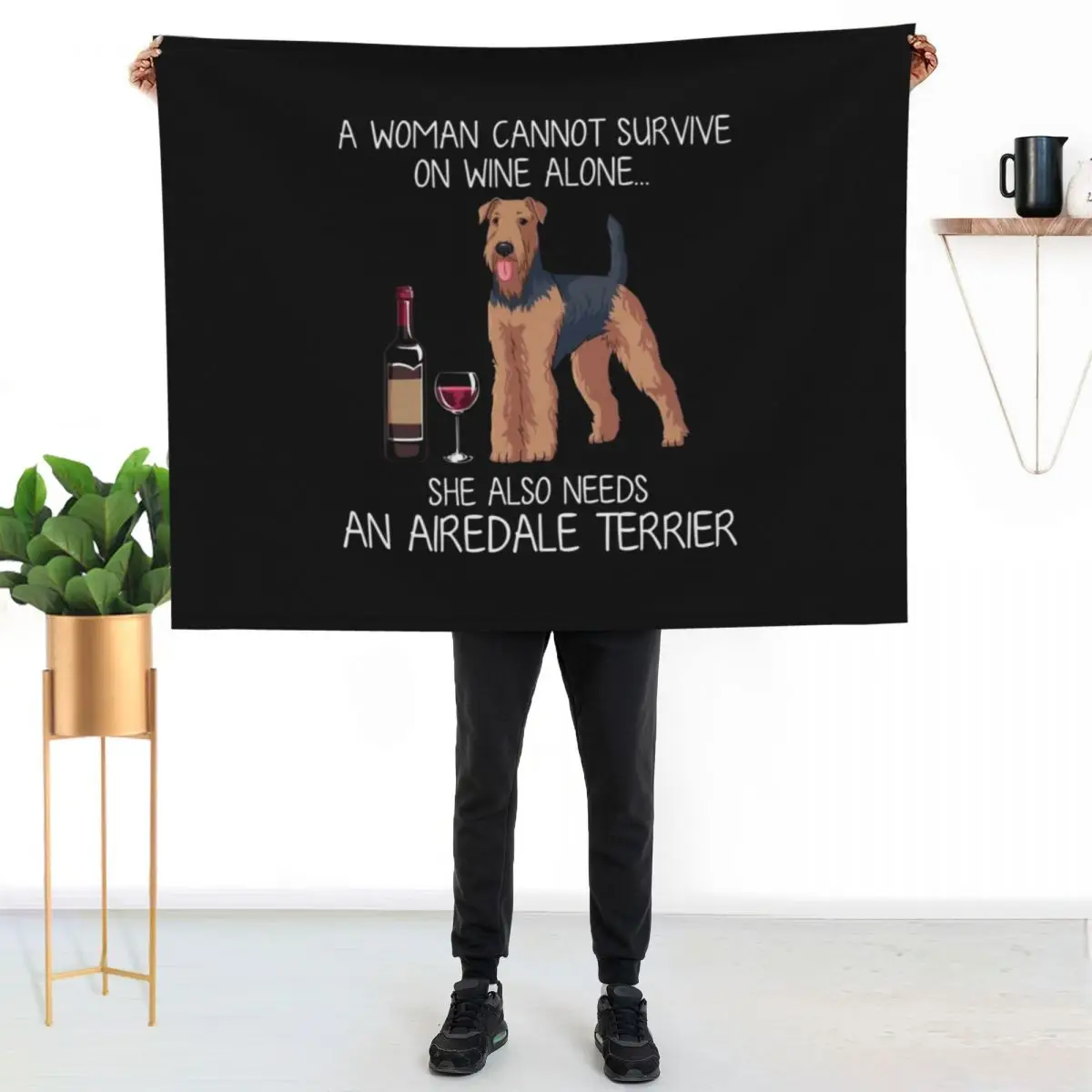 

Airedale Terrier and wine Funny dog Throw Blanket Shaggy Furry Soft Blanket for Bedroom Living Room