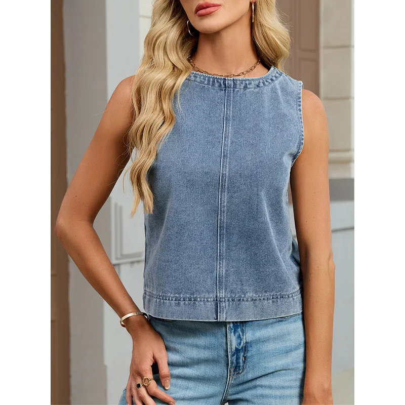 Benuynffy Casual Round Neck Denim Vest Women Summer 2026 New Fashion Vintage Solid Color Back Zipper Short Jean Tops Female view 5