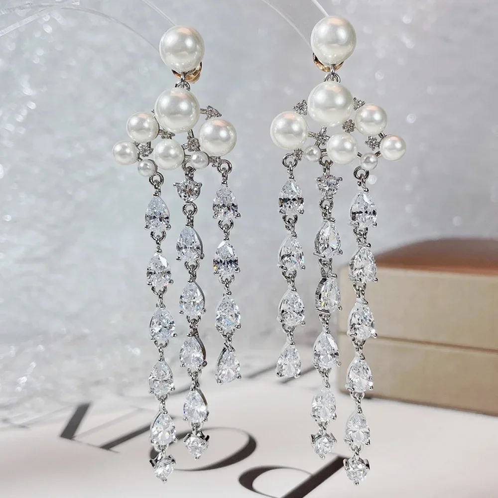 

Kellybola Роскошные великолепные серьги-капли с жемчугом для женщин, блестящие серьги с цирконием для свадебной вечеринки, модные ювелирные изделия высокого качества
