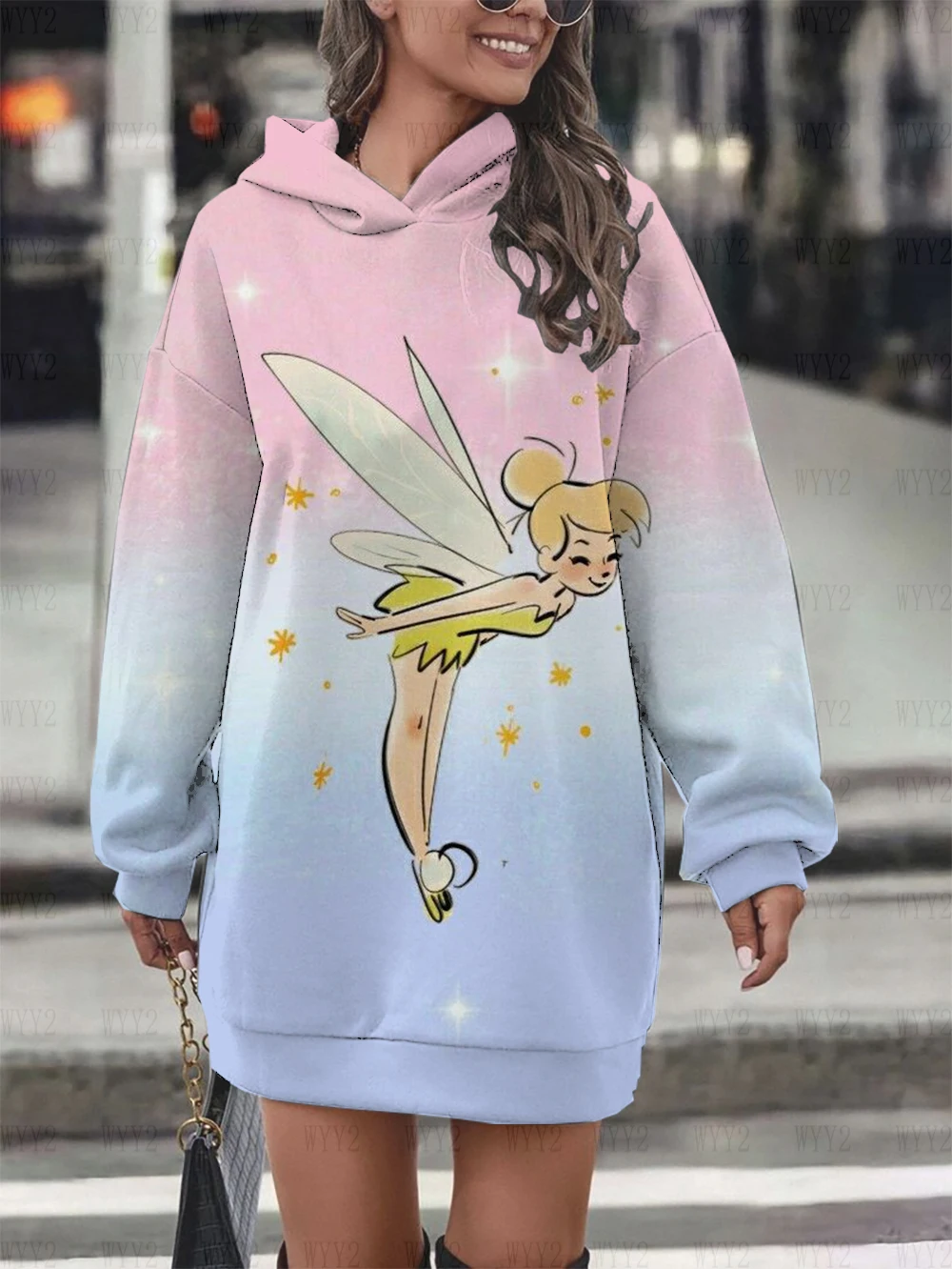 Women\'s Sweater Dress Casual Printing Disney Wonder Fairy Round Neck Hooded Sweater Dress Simple Fashion Ladies Clothing New