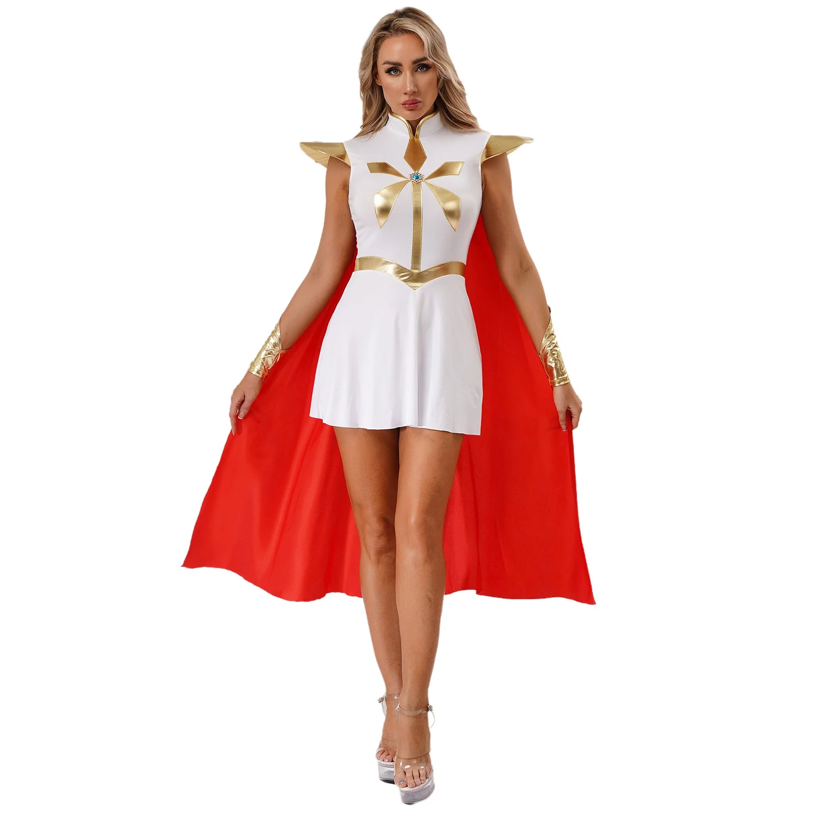 

Women Carnival Power Warrior Soldier Cosplay Dress with Cloak And Oversleeve Sets for Halloween Parties Performance Uniforms