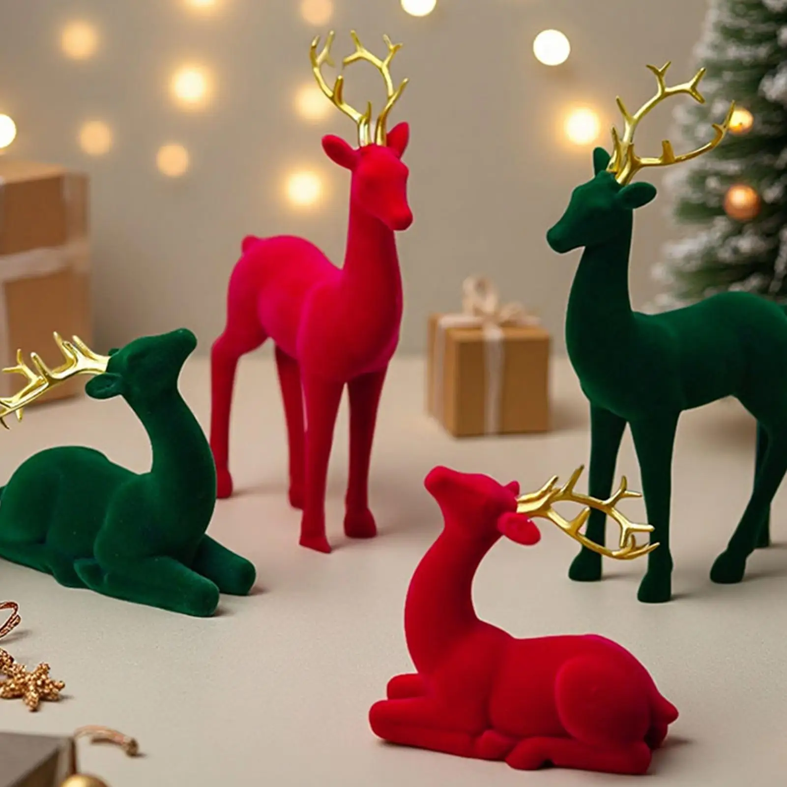 Christmas Deer Ornaments Flocking Elk Figures Standing Sitting Reindeer Statue for Christmas Tabletop Desk Home Party Decoration
