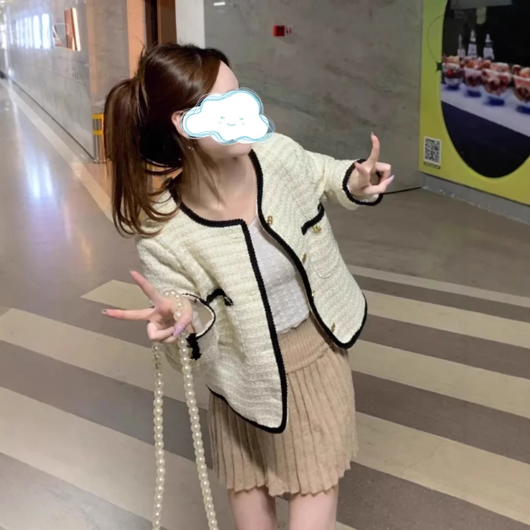 Jaqueta de Tweed com Gola, Manga Curta, Feminina, Estilo Demi-Season, Estampas Puras, Lona Boêmia, Franjas Onduladas, Vintage Retro, Ajustável para Uso Diário