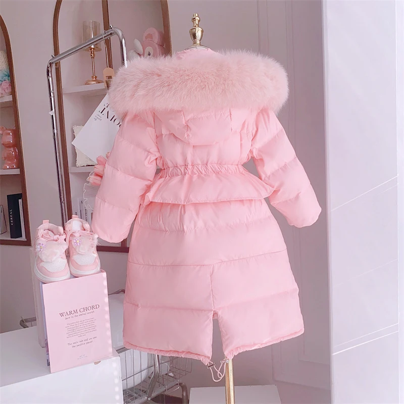 2023 Winter Girls Sweet Long Down Jackets Hooded Big Fur Collar Kids Parkas Children Clothes Girls Windproof Thicken Warm Coats