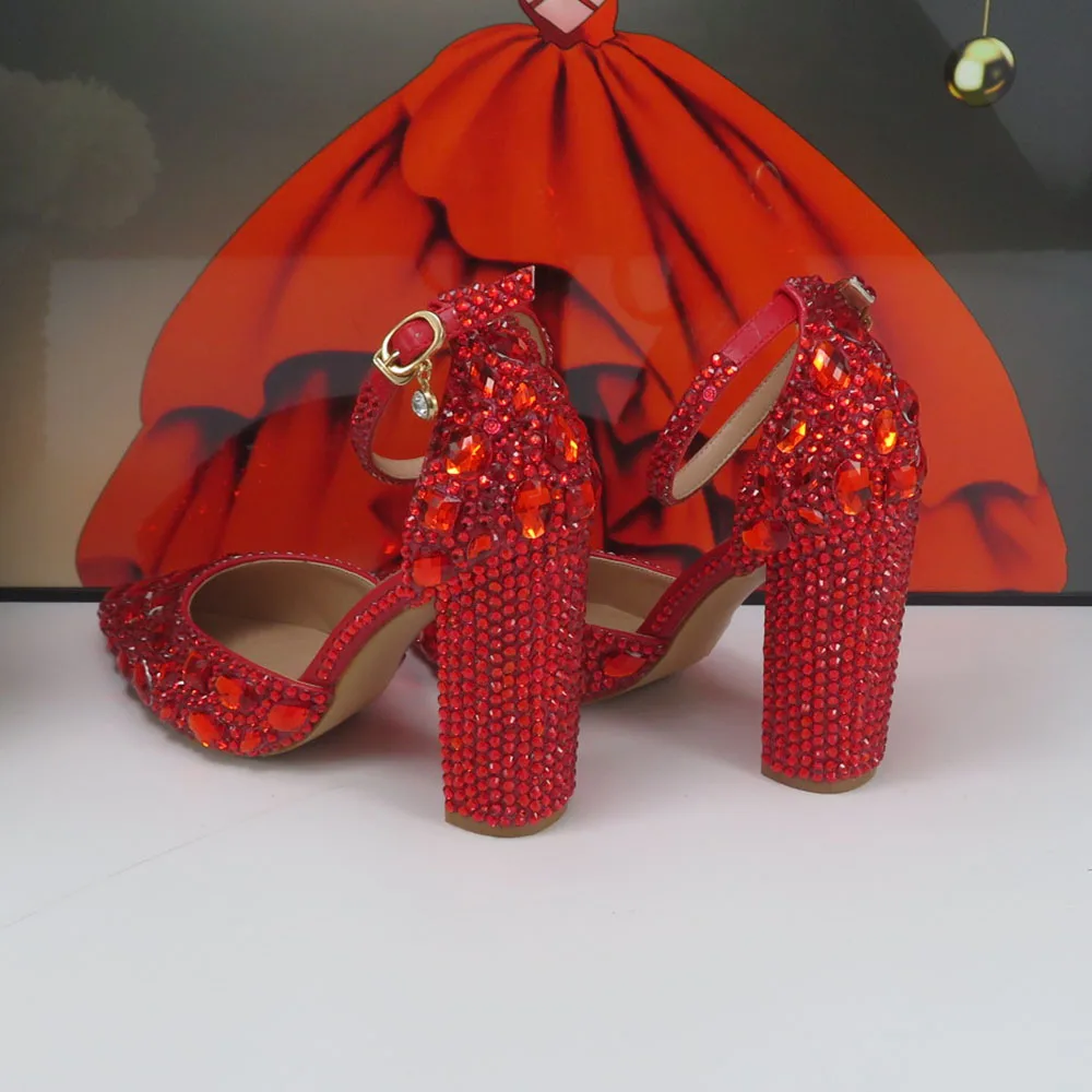 Red Crystal Bridal Wedding shoes and bag Woman Thick Heel High Pumps Party Evening shoes Shallow Ankle Strap Buckle shoe