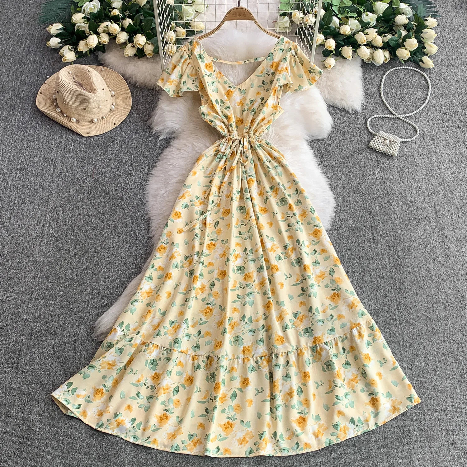 2025 Holiday Bohemian Floral Print Dress Women Summer Short Sleeve V-Neck Drawstring Waist Ruffle Long Dress Boho Beach Vestidos