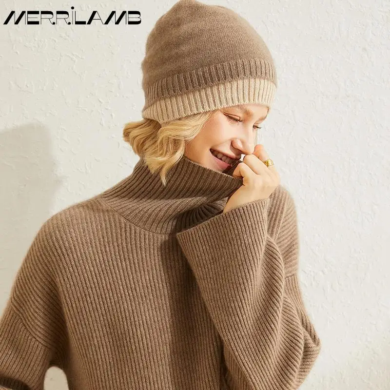 MERRILAMB 100% Cashmere Hat Women Winter Thickened Warm Earmuffs Hood Caps Pile Caps Female Knitted Hats