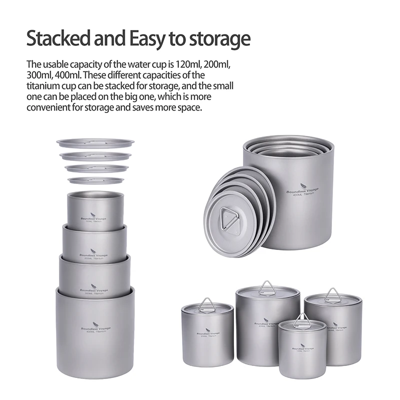 Boundless Voyage Titanium doppelwandiger Becher, ultraleicht, stapelbar, Tee-Trinkgeschirr, tragbar, für Outdoor-Camping, täglich verwendet – Detail 2