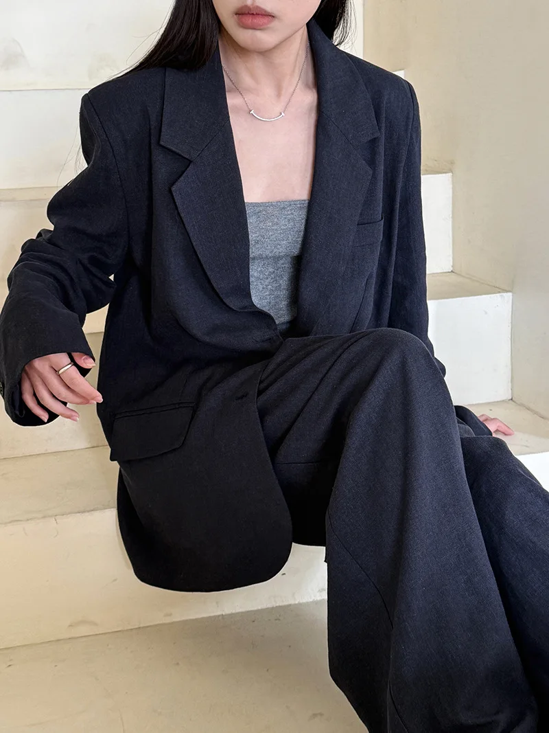 Otoño de alta gama Material de lino Blazer chaqueta conjuntos mujeres 2025 novedad de verano suelta pierna ancha pantalón Casual ropa de mujer Oficina señora